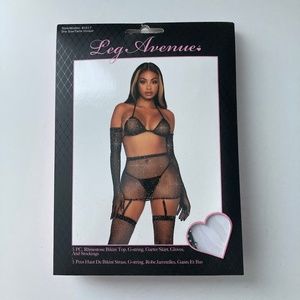 NIB Leg Avenue Rhinestone Fishnet Garter Skirt Set